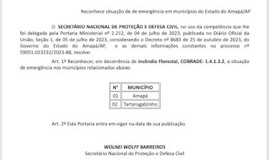 Situação de Emergência Reconhecida em Municípios de Amapá e Tartarugalzinho devido a Incêndio Florestal
