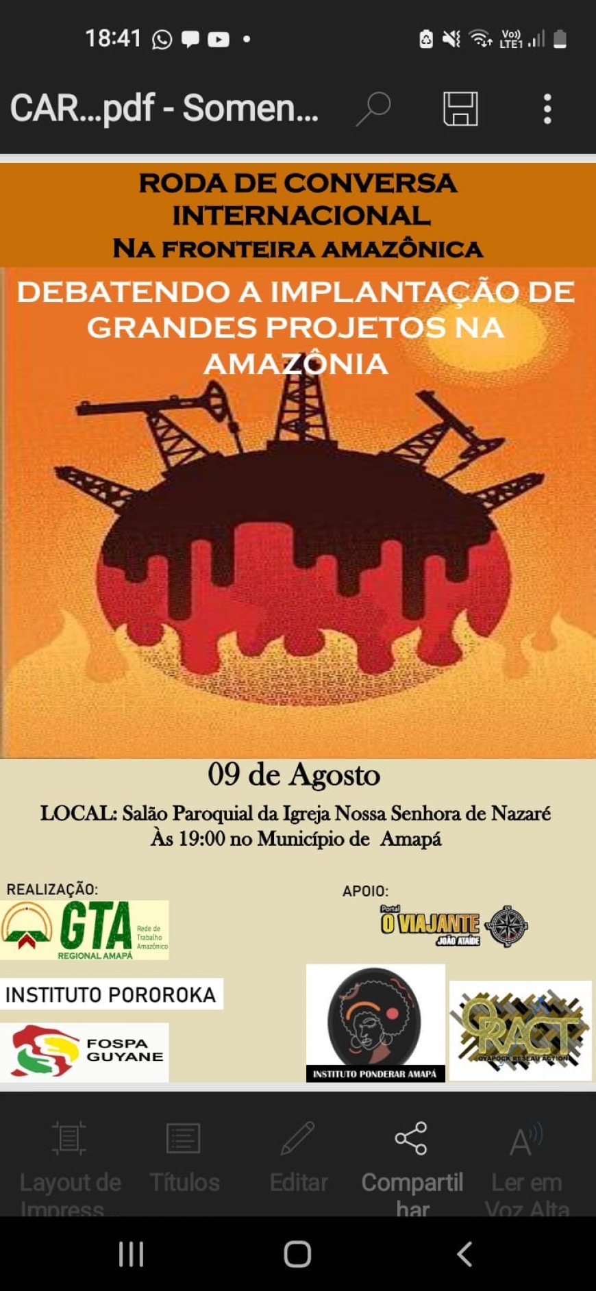 RODA DE CONVERSA INTERNACIONAL NA FRONTEIRA AMAZÔNICA REUNIRÁ LIDERANÇAS E ATIVISTAS NO MUNICÍPIO DE AMAPÁ